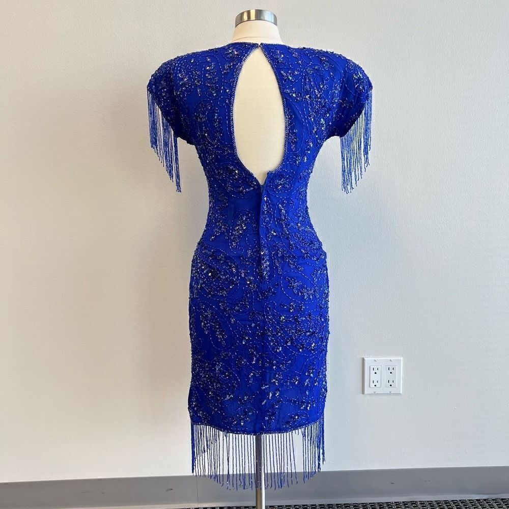 VTG Stenay Women 4 100% Pure Silk Royal Blue Beaded Fringe Elegant Flapper Dress - Picture 2 of 15